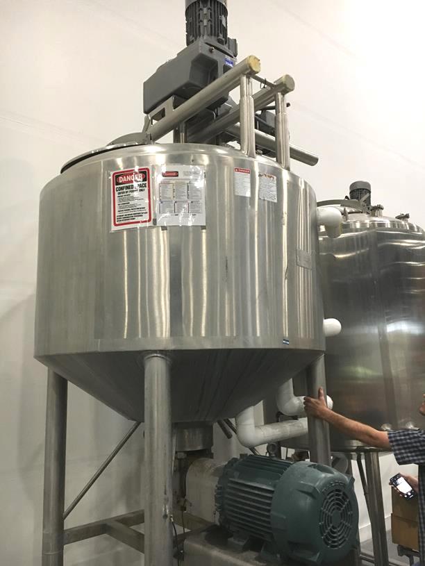 ***SOLD*** used 500 Gallon APV Crepaco Likwifier/ Liquifier/Liquefier.  Triple motion.  Has (1) top mounted Mixer with scraper/sweep blades agitator and also (1) shaft with (2) sets of pitched blade props (sweep is 7.5 HP, 1735 RPMi/10 RPMo; Shaft with props is 7.5 HP, 1735 RPMi/85 RPMo).  Bottom mounted high shear mixer driven by 25 HP, 1170 RPM, 230/460 V. Jacket rated 90 PSI @ 350/-20 Deg.F.  5' dia x 3' T/T (5' from top of dish to bottom of cone).  13'6